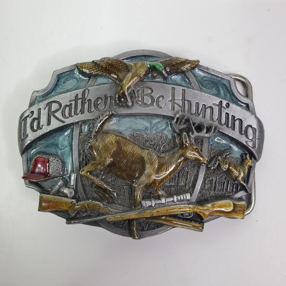 Vtg Siskiyou Belt Buckle I'd Rather Be Hunting Deer Buck Duck Rifle Guns 1987 3" - Picture 2 of 12